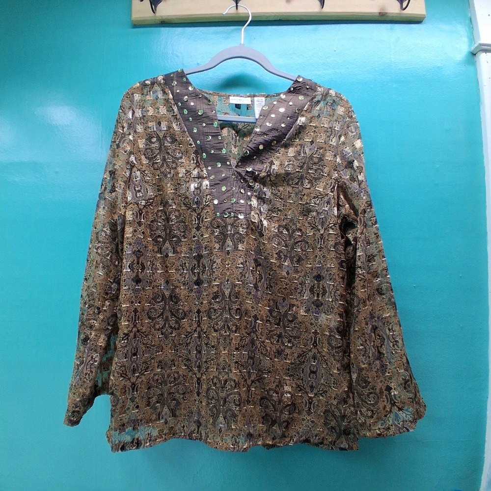 Covington Paisley Sequin Mesh Tunic M Brown Gold Metallic Boho Evening Top